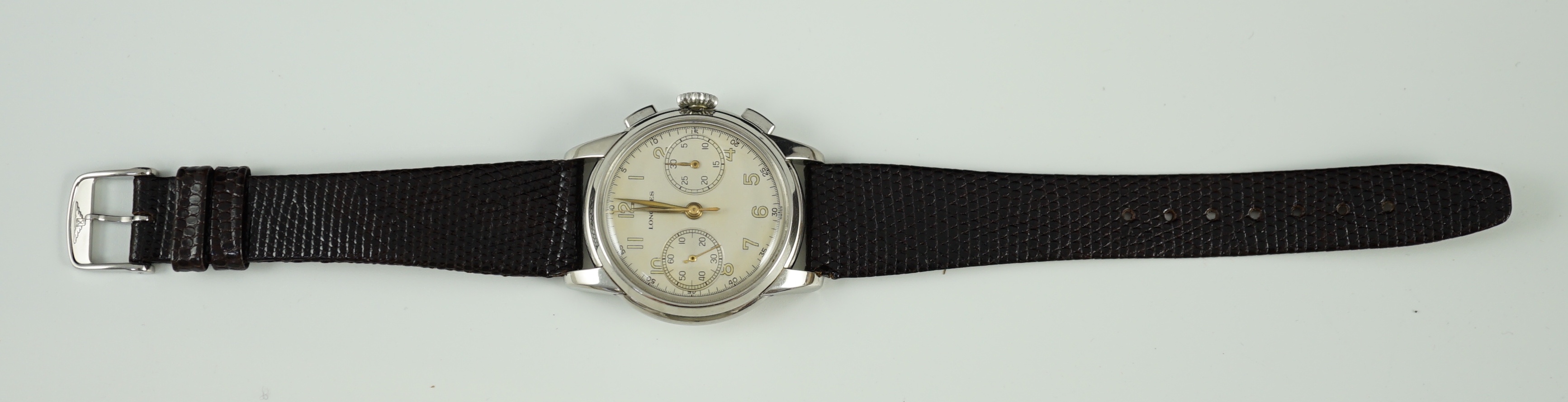 A gentleman's very rare early 1950's stainless steel Longines 30CH Flyback chronograph manual wind wrist watch, ref. 5965, serial number 7,748,805